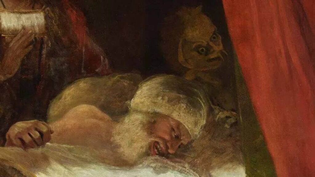The 18th century painting revealed its true form. In the background, the figure of a demon appeared.