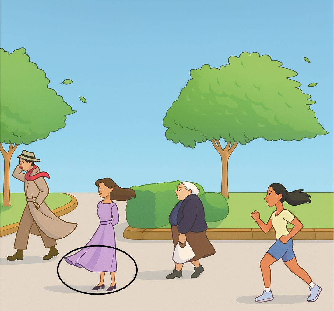 A woman's dress blows the wind in the opposite direction.